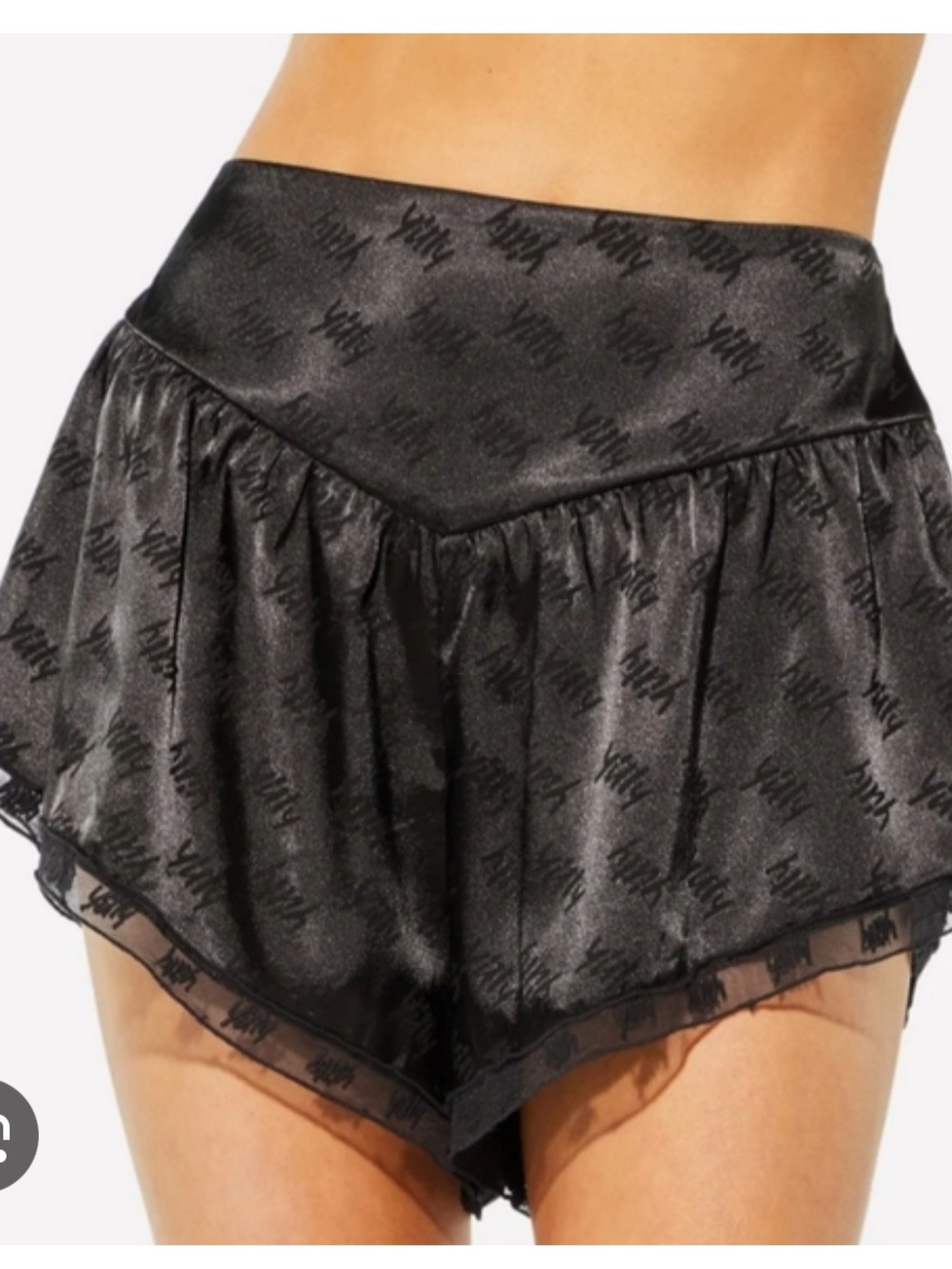 YITTY Black Satin Logo Ruffle Shorts